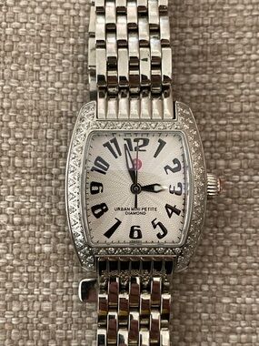Michele Silver-Tone Diamond Accent Urban Mini Petite Watch with White Dial